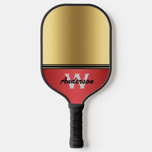 Ruby Red und Gold personalisieren Monogram & Name Pickleball Schläger (Vorderseite)