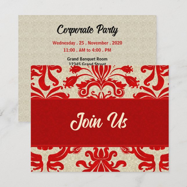 Ruby Red und Taupe Damask Beruflich Business Einladung (Vorne/Hinten)