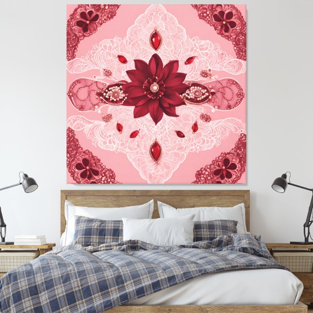 Ruby-Rot- und Weißspitzen-Blumenmandala  Leinwanddruck (Insitu (Schlafzimmer))