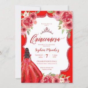 Ruby Rote Rose Floral Watercolor Quinceañera Einladung