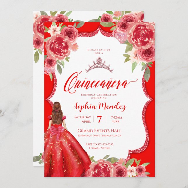 Ruby Rote Rose Floral Watercolor Quinceanera Einladung (Vorne/Hinten)