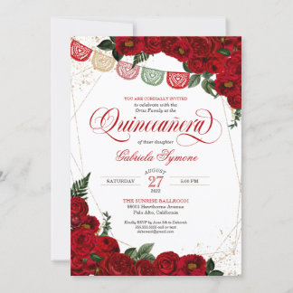 Ruby Rote Rose & Gold Papado Picado Quinceañera Einladung
