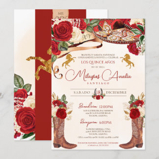 Ruby Rote Rosen Eleganter Western Charro Quinceañe Einladung