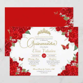 Ruby Rote Rosen Floral Tiara Butterfly Quinceanera Einladung