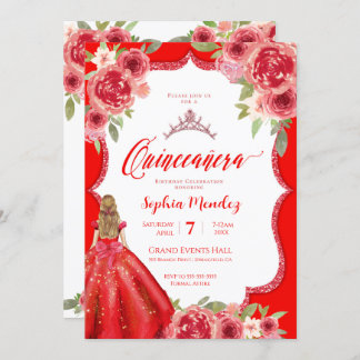 Ruby Rote Rosen Floral Watercolor Quinceañera Einladung