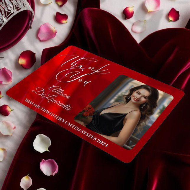 Ruby Shine Foil Pageant Danke-Karte Folien Feiertagskarte (Real foil highlights this custom photo pageant thank you card from the Regal Reds collection)