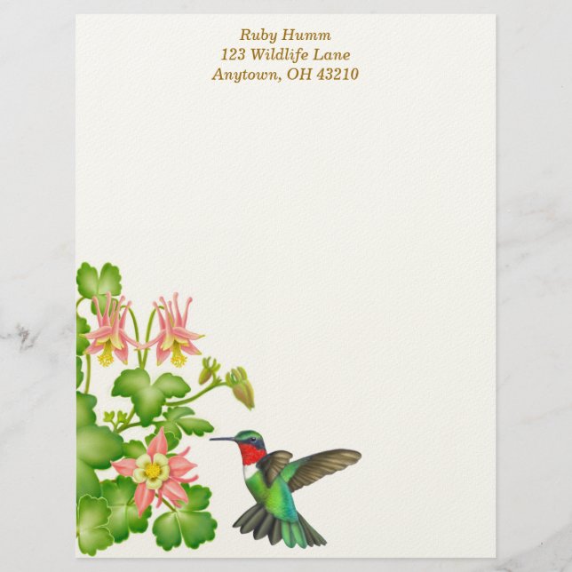 Ruby Throated Hummingbird in Columbinen Briefkopf (Vorderseite)