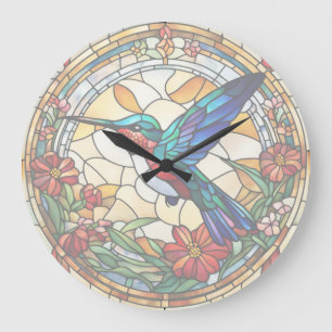 Ruby Throated Hummingbird Stached Glass Bird Clock Große Wanduhr