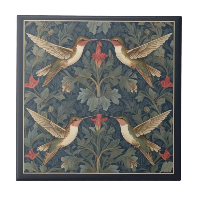 Ruby-throated Kolibris William Morris style Fliese (Vorderseite)