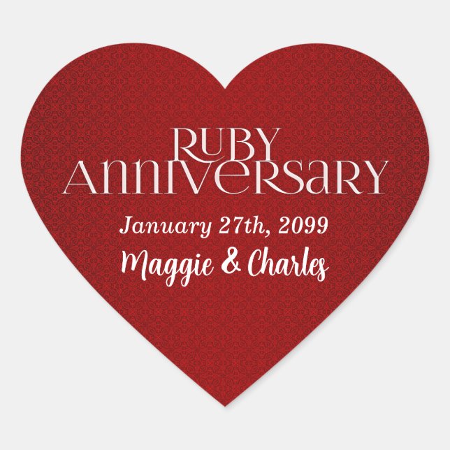 Ruby Wedding Annivsersary Names Herz-Aufkleber (Vorderseite)