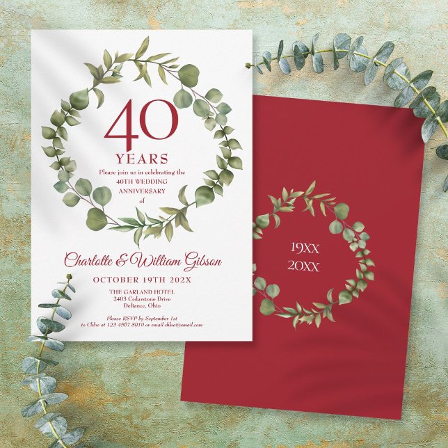 Ruby Wedding Jubiläum Elegante Garland Einladung (40th Ruby Wedding Anniversary Elegant Garland Invitation)