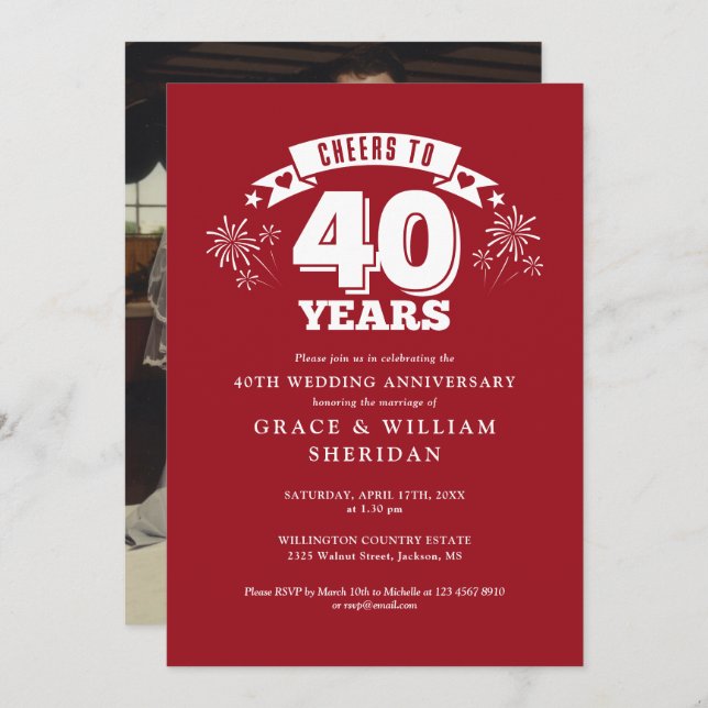 Ruby zum 40. Hochzeitstag Foto Einladung (Vorne/Hinten)