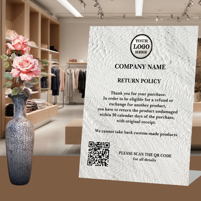 Rückgaberichtlinie Travertine Retail-Logo-Geschäft Sockelschild (Business tabletop sign template with your refund policy on a travertine texture - logo - QR code)