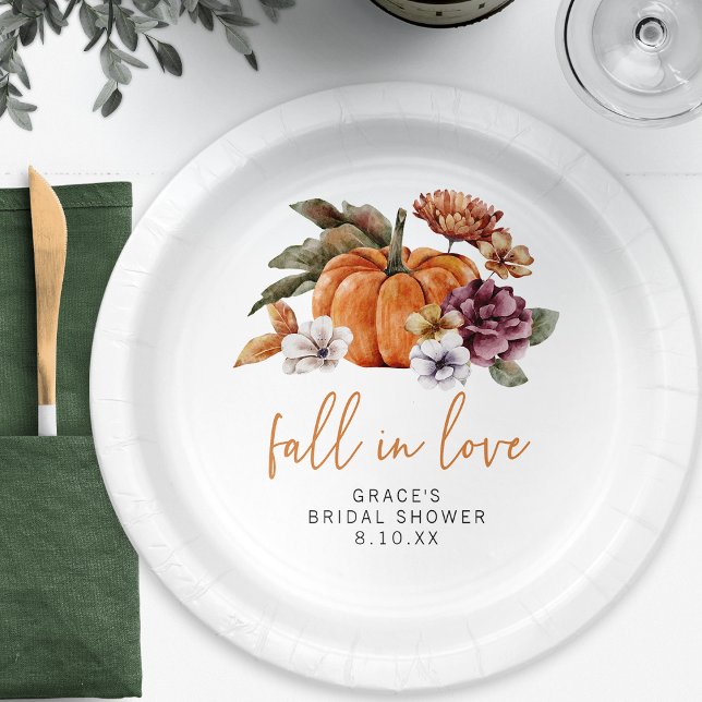 Rückgang der Brautparty-Teller in der Liebe Pappteller (Fall In Love Watercolor Burnt Orange Bridal Shower Paper Plates by Painted Paperie)