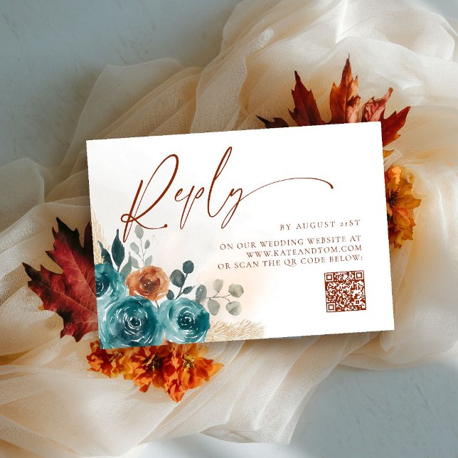 Rückgang der Liebe Aquamarin Burnt Orange Boho QR  (fall in love wedding reply rsvp teal burnt orange terracotta watercolor floral botanical earthy chic)