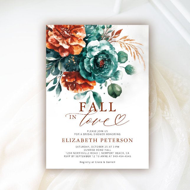 Rückgang der Liebe Aquamarin Terracotta Boho Braut Einladung (fall in love bridal shower invitation teal burnt orange terracotta watercolor floral pampas boho)
