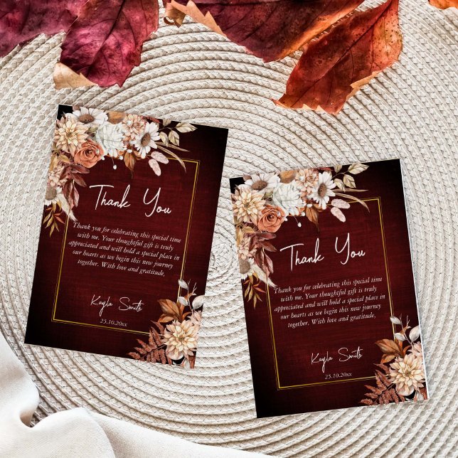 Rückgang der Liebe boho getrocknete braune Rose Br Dankeskarte (Boho dry flowers autumn fall in love bridal shower thank you cards burgundy brown background floral)