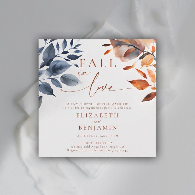 Rückgang der Liebe Botanical Duo Blätter Engagemen Einladung (fall engagement party invitation botanical leaf calligraphy terracotta elegant modern backyard barn)