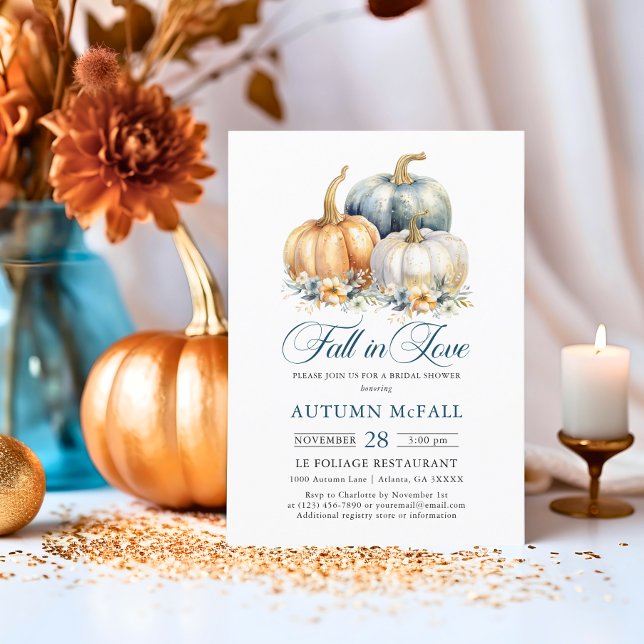 Rückgang der Liebe Brautparty Gold Blue Pumpkins Einladung (Fall in Love Bridal Shower Gold Blue Pumpkins Invitation)