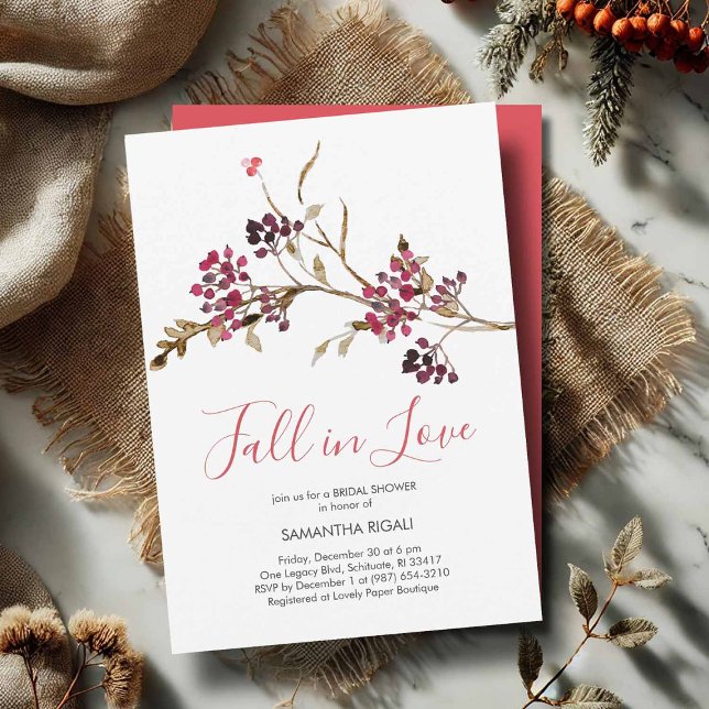 Rückgang der Liebe Bridal Dusche Einladungen (Fall in Love bridal shower invitation featuring rustic watercolor red and burgundy botanicals)