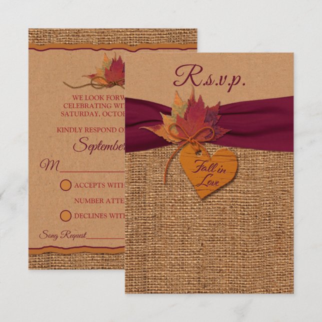 Rückgang der Liebe Burlap, Blätter Hochzeit RSVP Karte (Vorne/Hinten)