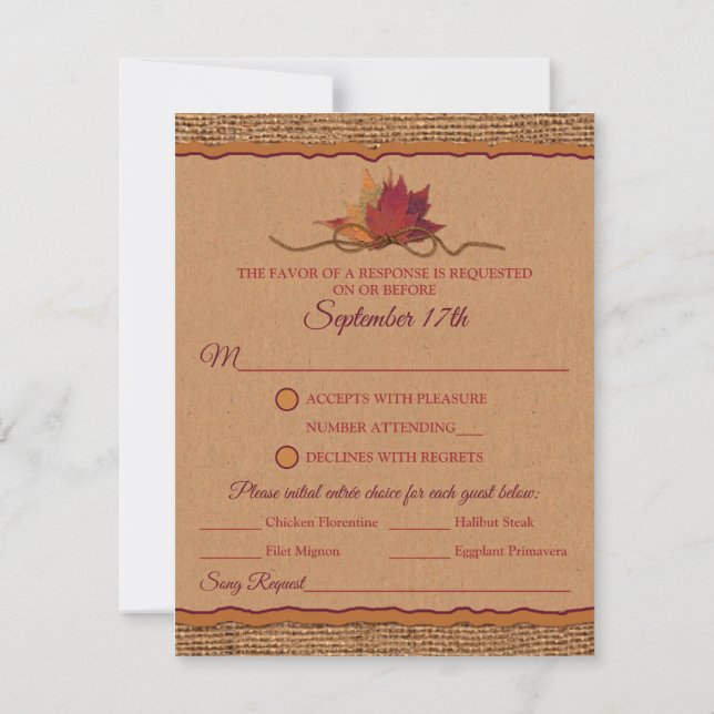 Rückgang der Liebe Burlap, Blätter Hochzeit RSVP m Karte (Rückseite)