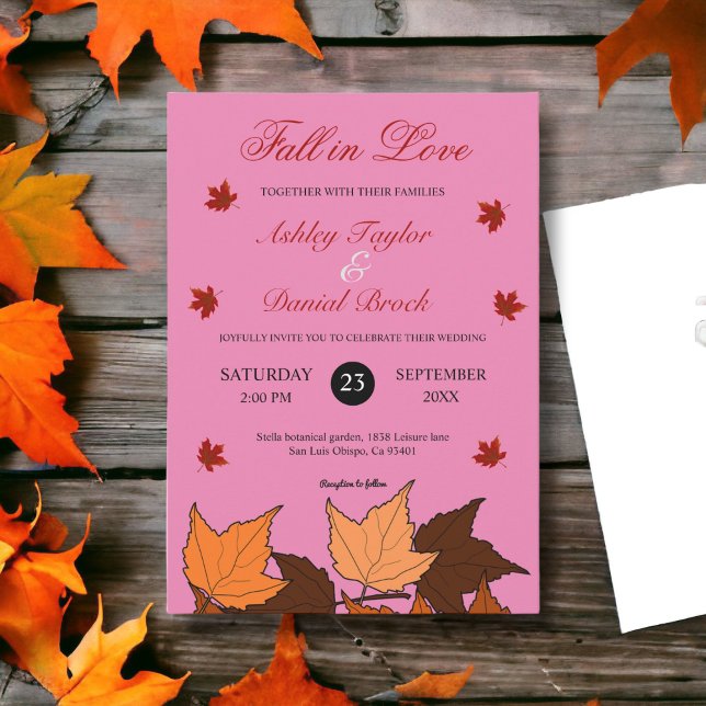 Rückgang der Liebe Elegante rosa Blätter Hochzeit  Einladung (Von Creator hochgeladen)
