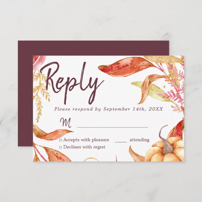 Rückgang der Liebe Goldene Blätter Herbst Burgund  Einladung (Vorne/Hinten)