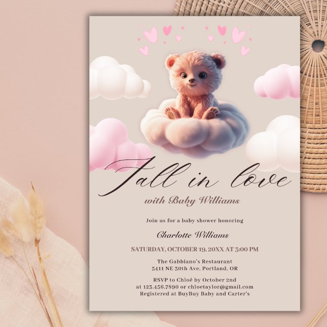 Rückgang der Liebe Niedlicher Bär auf einer Cloud  Einladung (Fall In Love Cute Bear On A Cloud Baby Shower Invitation)