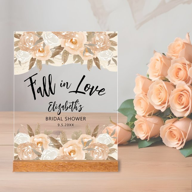 Rückgang der Liebe Peach Blume Brautparty Acrylschild (Fall in Love bridal shower clear acrylic sign with rustic peach flowers and leaves on top and bottom)