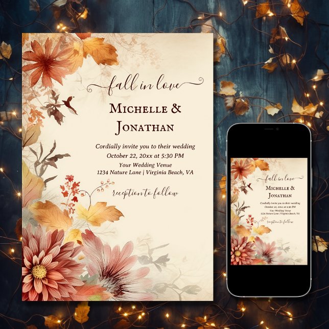 Rückgang der Liebe Schöne Blume Herbst Hochzeit im Einladung (Printed and Digital - Fall in Love Beautiful Autumn Flowers Fall Wedding Invitation)