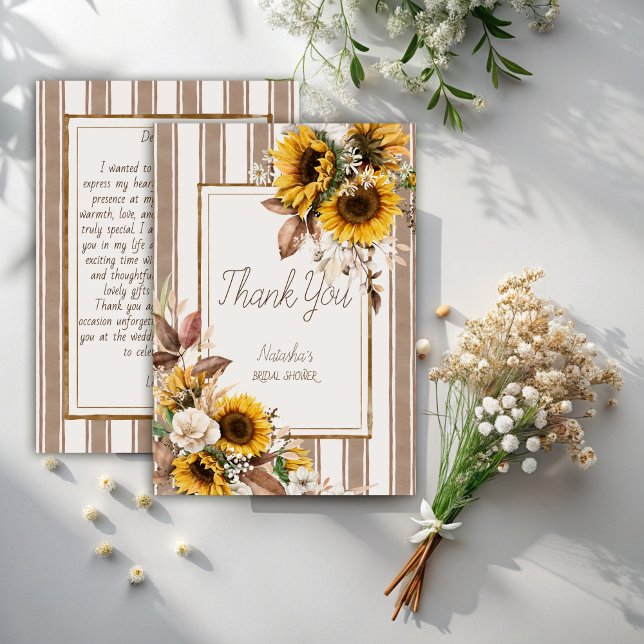 Rückgang der Liebe Sonnenblumen Braunstreifen Brau Dankeskarte (Fall in love sunflowers brown stripes bridal shower thank you cards modern stripped terracotta)