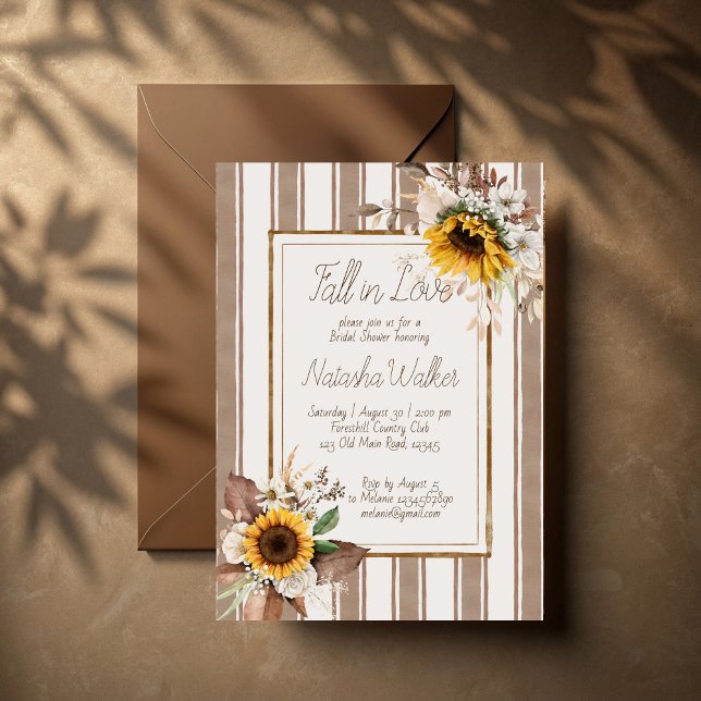 Rückgang der Liebe Sonnenblumen Braunstreifen Brau Einladung (Fall in love sunflowers brown stripes bridal shower invitation template terracotta retro invites)