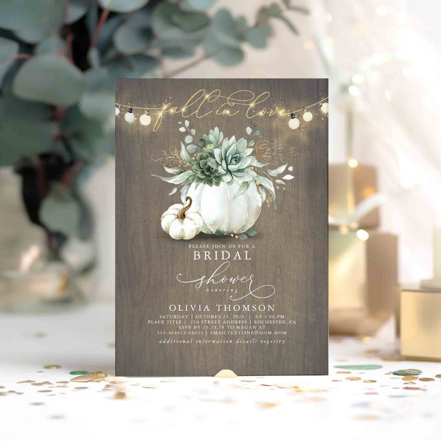 Rückgang der Liebe Succulents Pumpkins Brautparty Einladung (Fall in Love - Succulents Greenery Pumpkins Bridal Shower Rustic Invitations)
