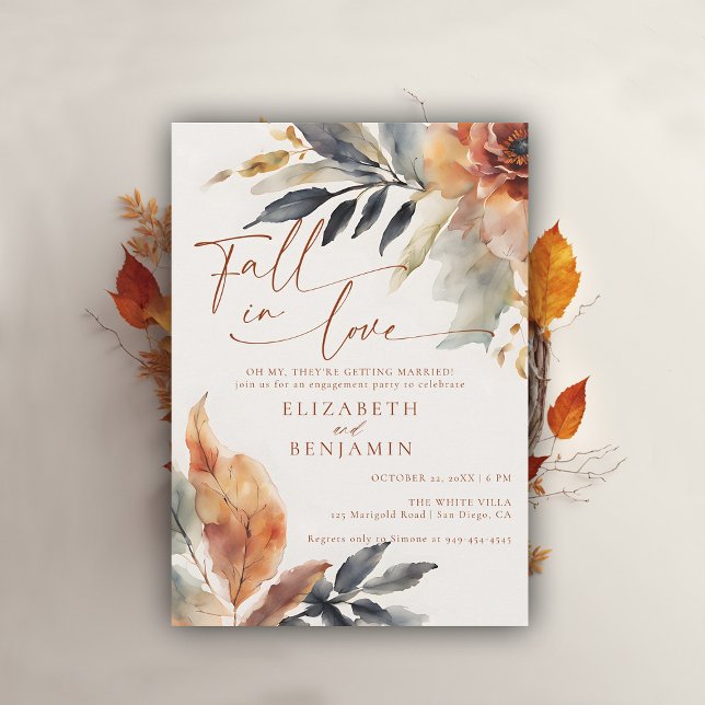 Rückgang der Liebe Terracotta-Blätter Engagement P Einladung (fall engagement party invitation rustic leaves foliage floral botanical frame elegant backyard barn)