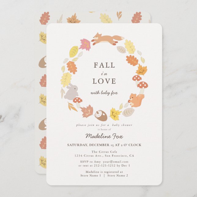 Rückgang der Liebe Woodland Animals Wreath Baby Du Einladung (Vorne/Hinten)