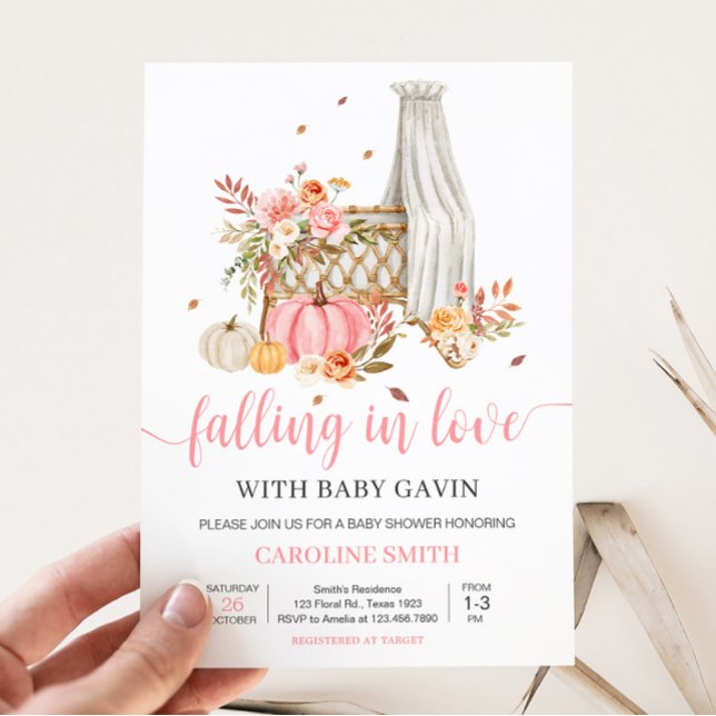 Rückgang in der Liebe Pink Pumpkin Baby Dusche Einladung (Fall Autumn Pumpkin Baby Shower Invitation)
