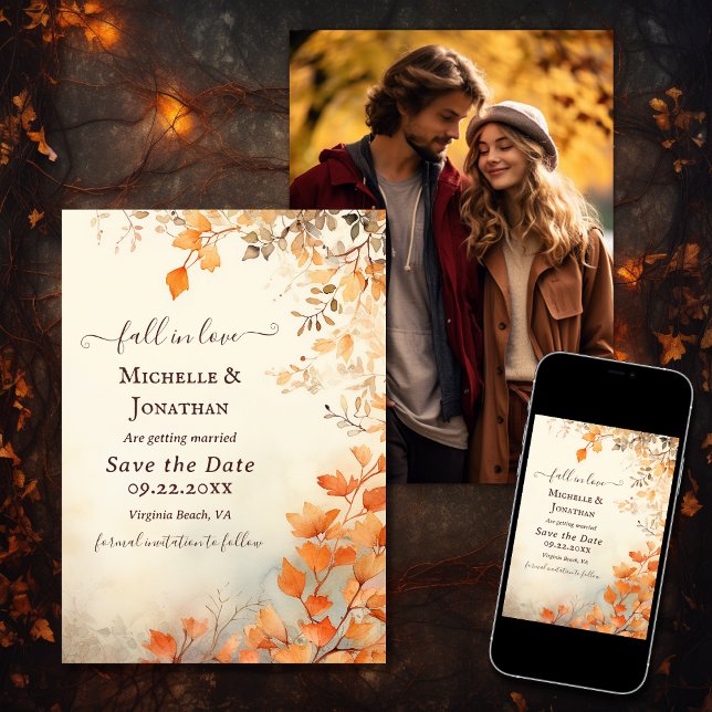 Rückgang in der Liebe Schönes Herbstleaves Hochzei Save The Date (Printed and Digital - Fall in Love Beautiful Autumn Leaves Wedding Photo Save The Date)
