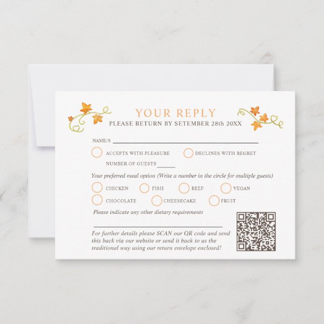 Rückgang in Liebe Wasserfarbenkürbis Hochzeit QR-C RSVP Karte (Vorderseite)