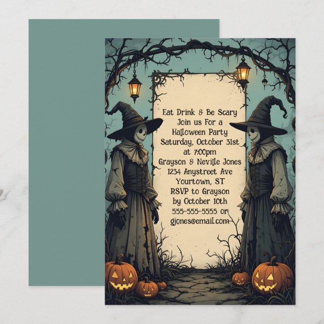 Rückgrat und Jack O'Lanterns Halloween-Party Einladung (Vorne/Hinten)