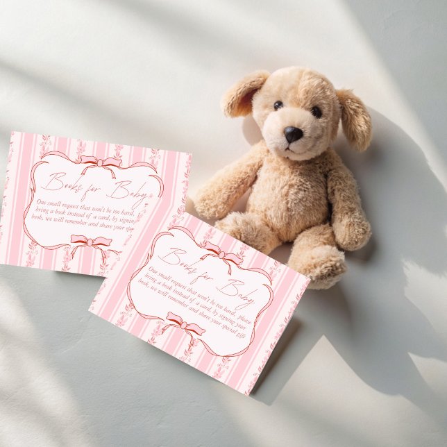 Rucksack-Babydusche mit rosa Streifen Anfrage Begleitkarte (Pink stripes retro bow baby shower book request enclosure cards books for baby cards)