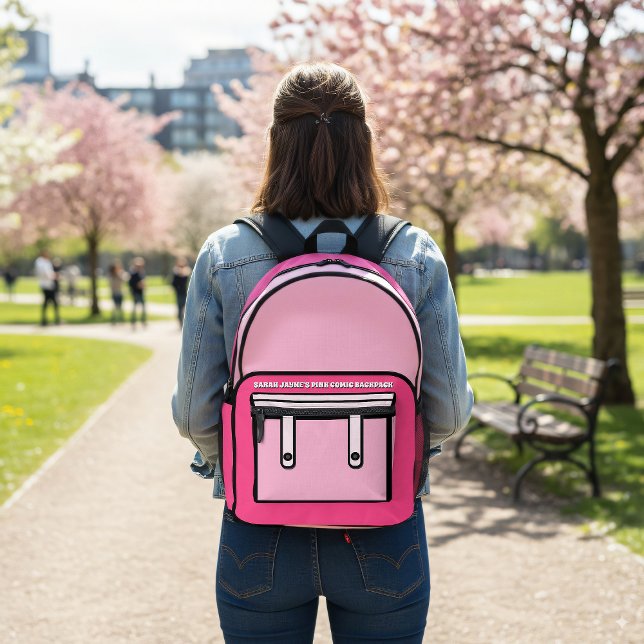 Rucksack im Rosa Comic Cartoon gedruckt (A fun cartoon comic style backpack with space for your name)