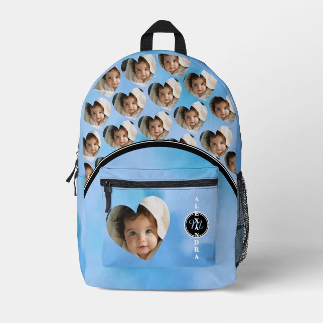 Rucksack mit individuellem Babyfoto und Monogramm (Vorderseite)