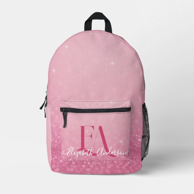 Rucksack mit Initialen und Namen für rosa Glitzer (Vorderseite)