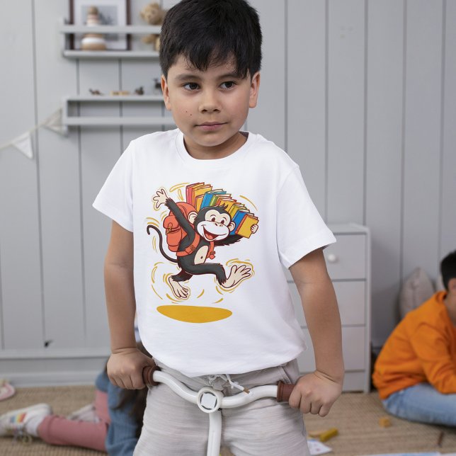 Rucksack und Buchspass für den Cartoon der Affen T-Shirt (Cheerful Monkey School Cartoon Backpack & Book Fun)