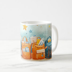 Rucksäcke und Schulmaterial für den Schulbeginn.  Kaffeetasse
