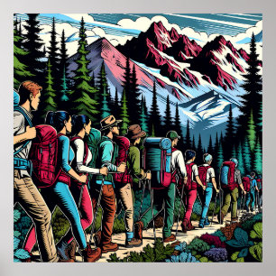 Rucksacktouristen wandern auf einem Weg durch Berg Poster