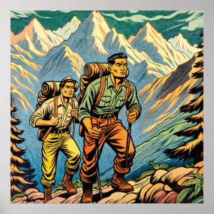Rucksacktouristen wandern auf einem Weg durch die  Poster