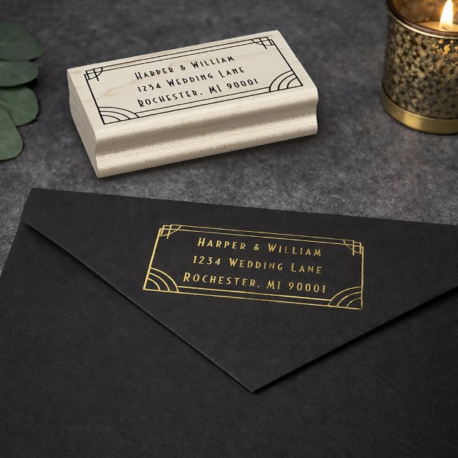 Rücksende-Adressstempel Gummistempel (Art deco return address stamp displayed in gold ink.
)