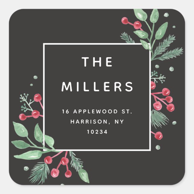 Rücksendeadresse-Aufkleber für Winter Berries Quadratischer Aufkleber (Vorderseite)